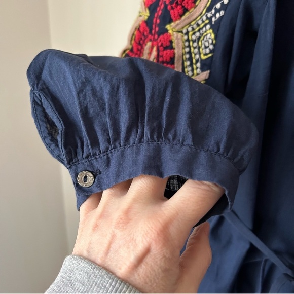 Anthropologie Hei Hei Agonda Blue Embroidered Tunic Blouse Button Front Belt -10 - Picture 8 of 12